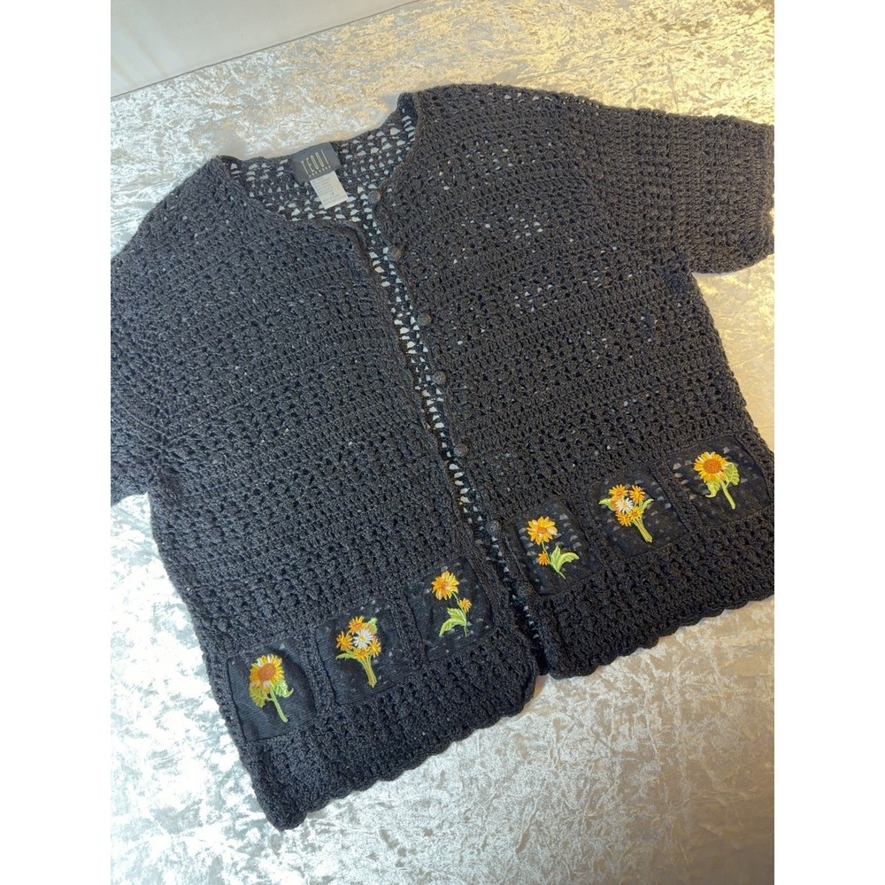 Vintage Teddi Crochet Cardigan Women 14 Black Floral Embroidered Boho